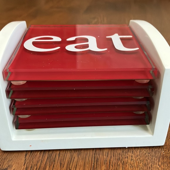 5 pc Heavy coaster set. Eat Drink Be Merry. Sits nicely in wooden collector. - Picture 6 of 7